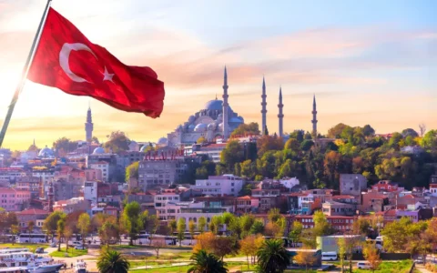 Suleymaniye mosque and the turkish flag, Istanbul, Turkey