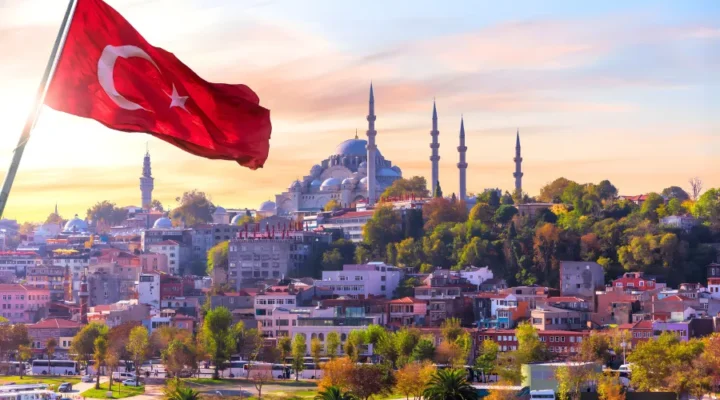 Suleymaniye mosque and the turkish flag, Istanbul, Turkey