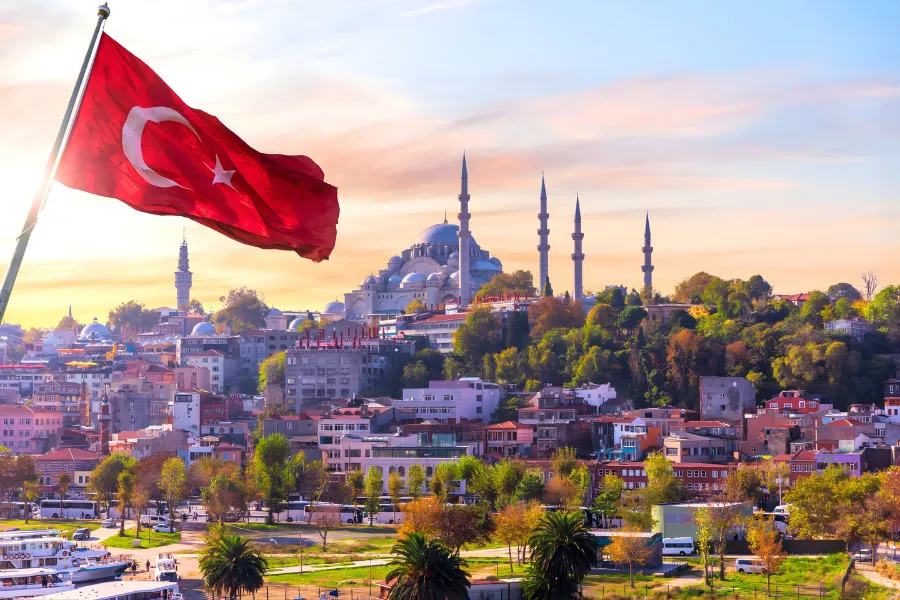 Suleymaniye mosque and the turkish flag, Istanbul, Turkey